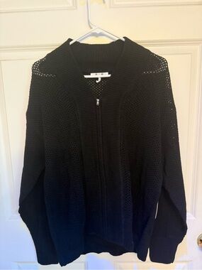 Three Dots Priscilla Crochet Knit Jacket Sweater Full Zip Black XL NWT $108